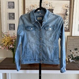 Light Wash Denim Jacket Stretch Button Front Small Skinny Fries